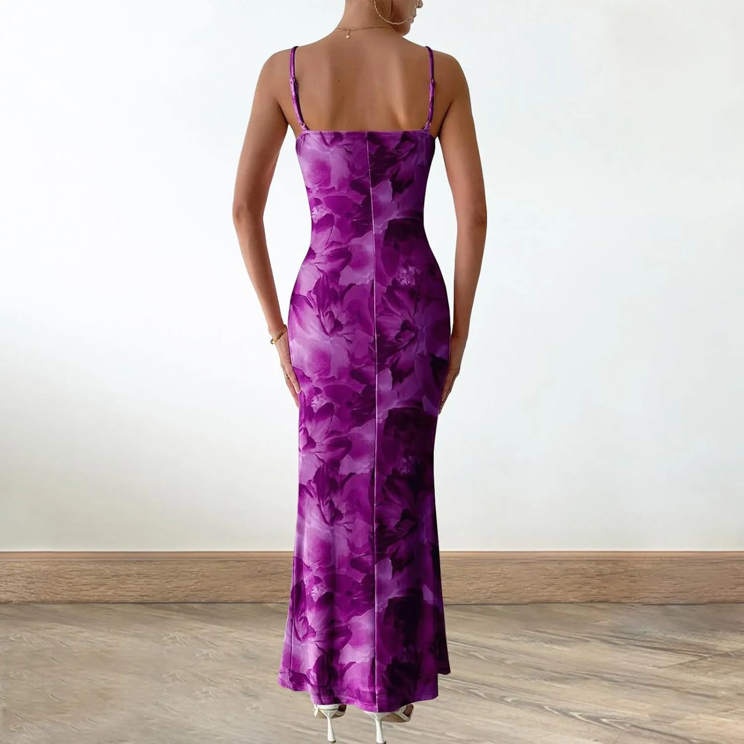 Women's Floral Spaghetti Strap Maxi Dress Sexy Summer Stretch Bodycon Dress Backless Cocktail Slip Long Dresses