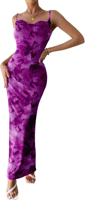 Women's Floral Spaghetti Strap Maxi Dress Sexy Summer Stretch Bodycon Dress Backless Cocktail Slip Long Dresses