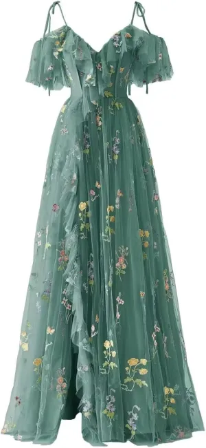 Women's Flower Embroidery Tulle Prom Dresses Corset A Line Long Slit Ruffles Formal Party Gowns