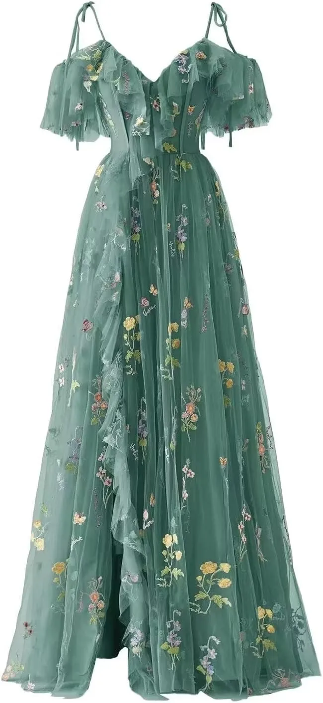 Women's Flower Embroidery Tulle Prom Dresses Corset A Line Long Slit Ruffles Formal Party Gowns
