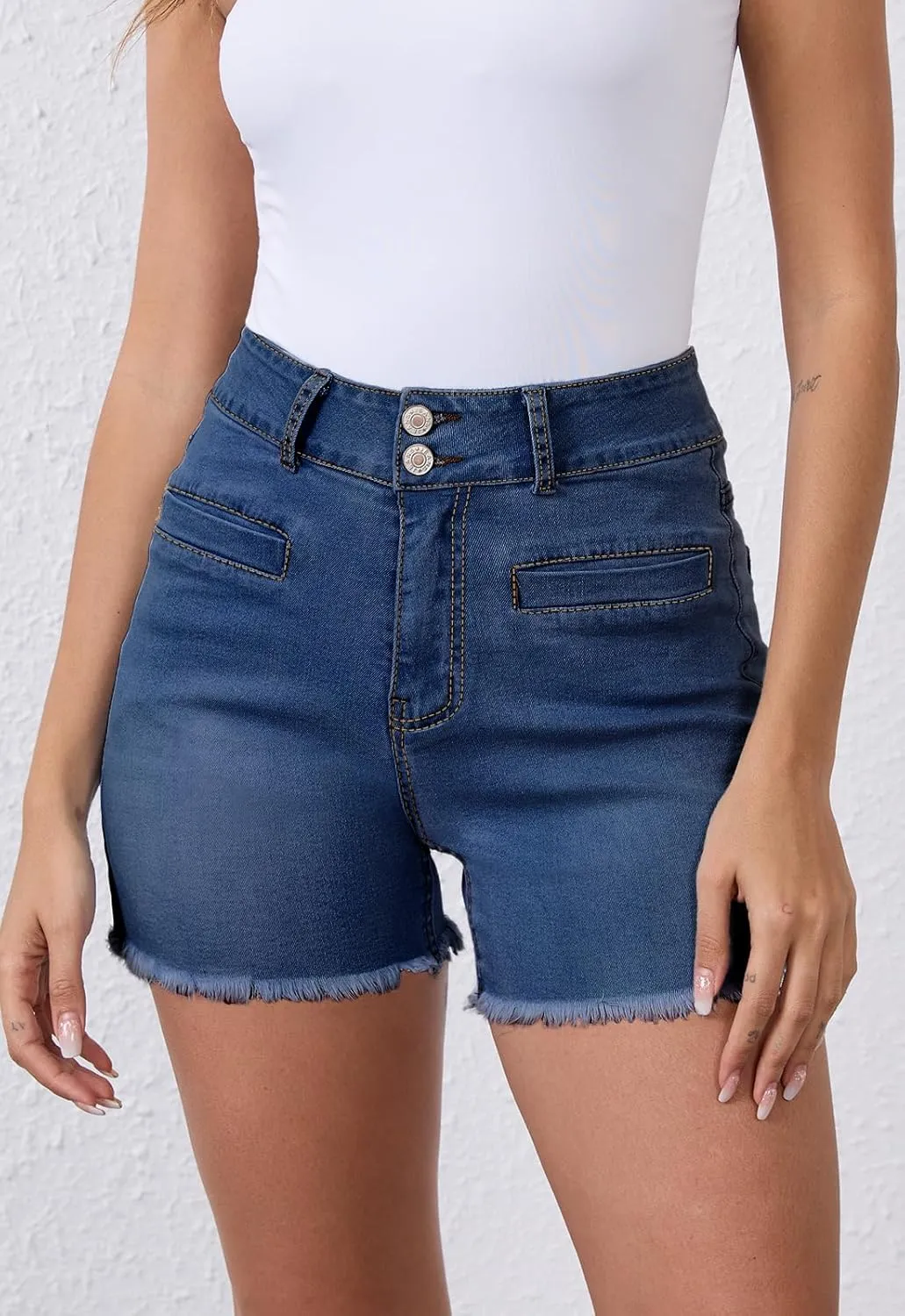 Women's High Waist Brushed Hem Denim Shorts Stretch Jean Shorts with Pockets for Women