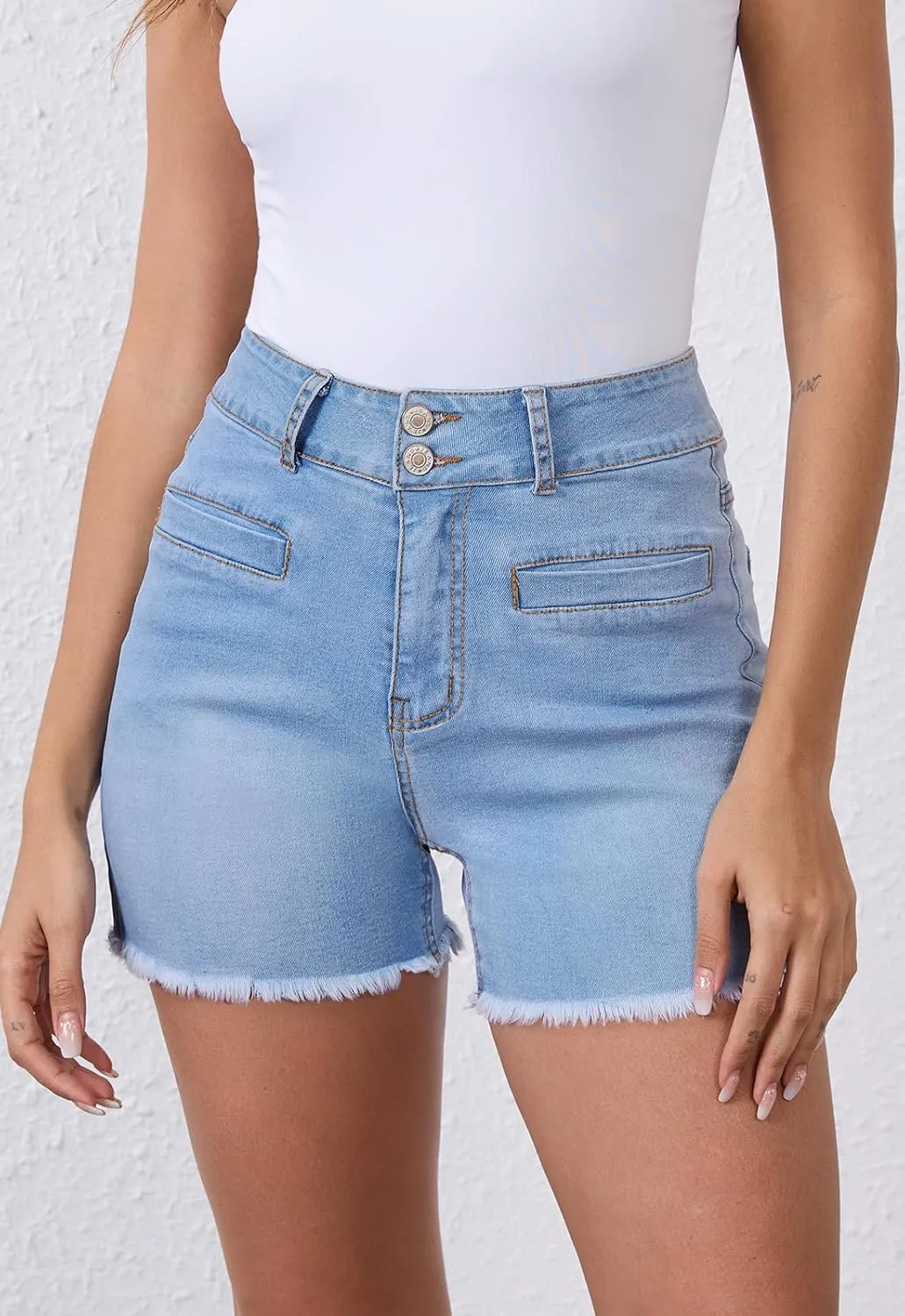 Women's High Waist Brushed Hem Denim Shorts Stretch Jean Shorts with Pockets for Women