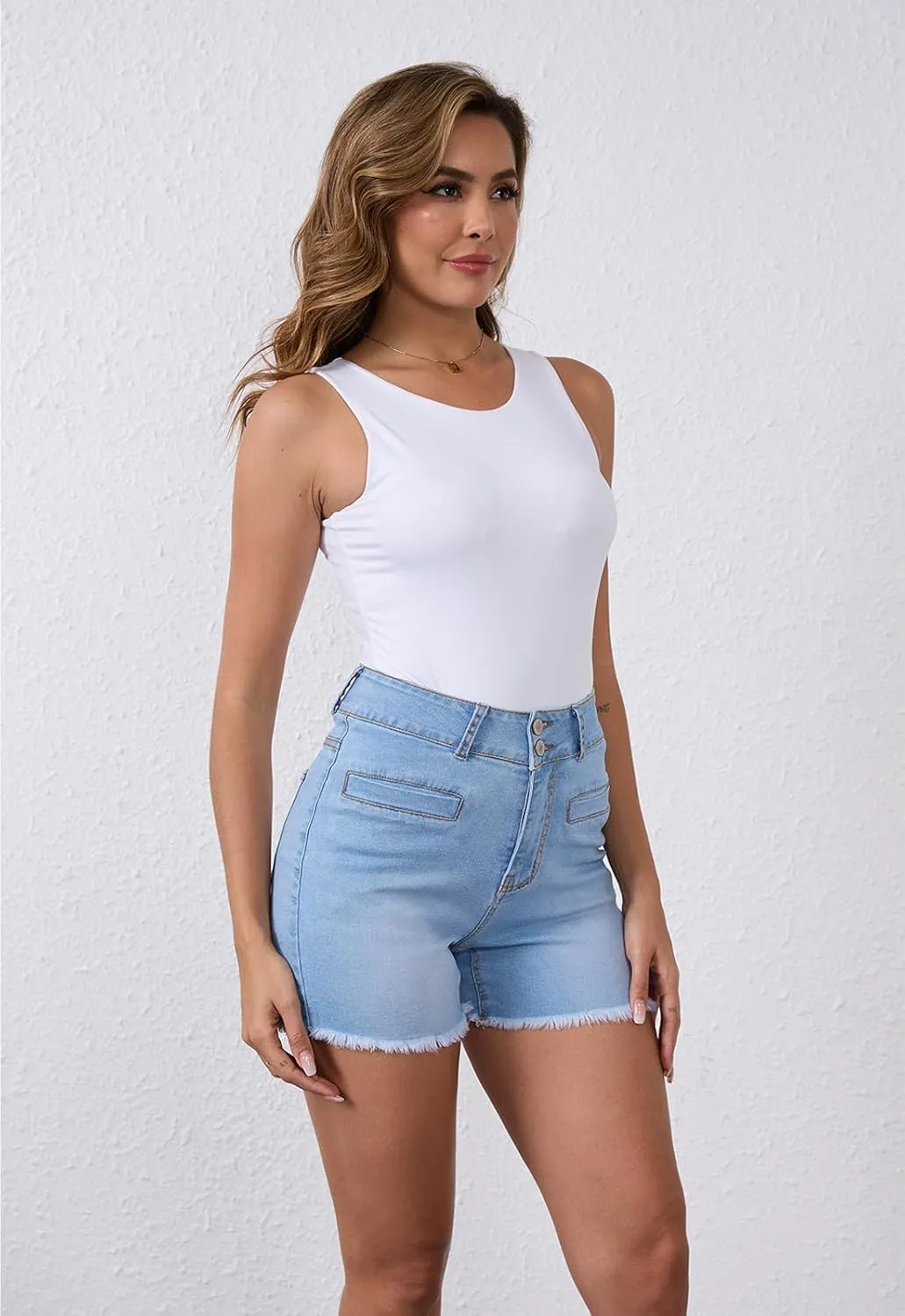 Women's High Waist Brushed Hem Denim Shorts Stretch Jean Shorts with Pockets for Women