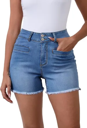 Women's High Waist Brushed Hem Denim Shorts Stretch Jean Shorts with Pockets for Women