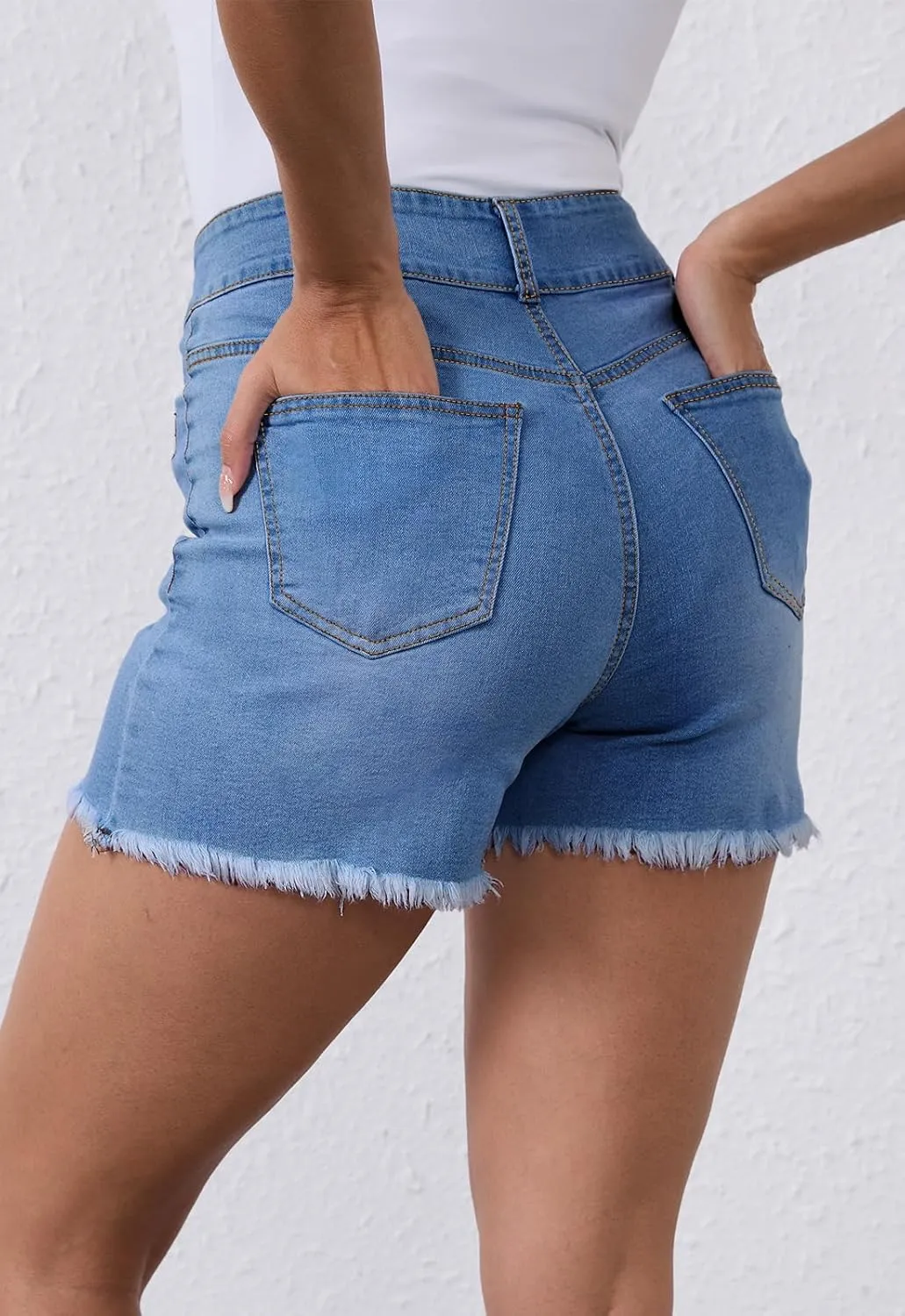 Women's High Waist Brushed Hem Denim Shorts Stretch Jean Shorts with Pockets for Women