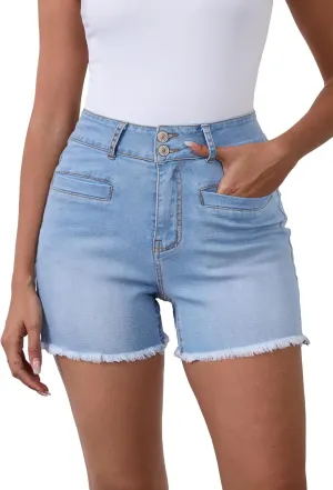Women's High Waist Brushed Hem Denim Shorts Stretch Jean Shorts with Pockets for Women