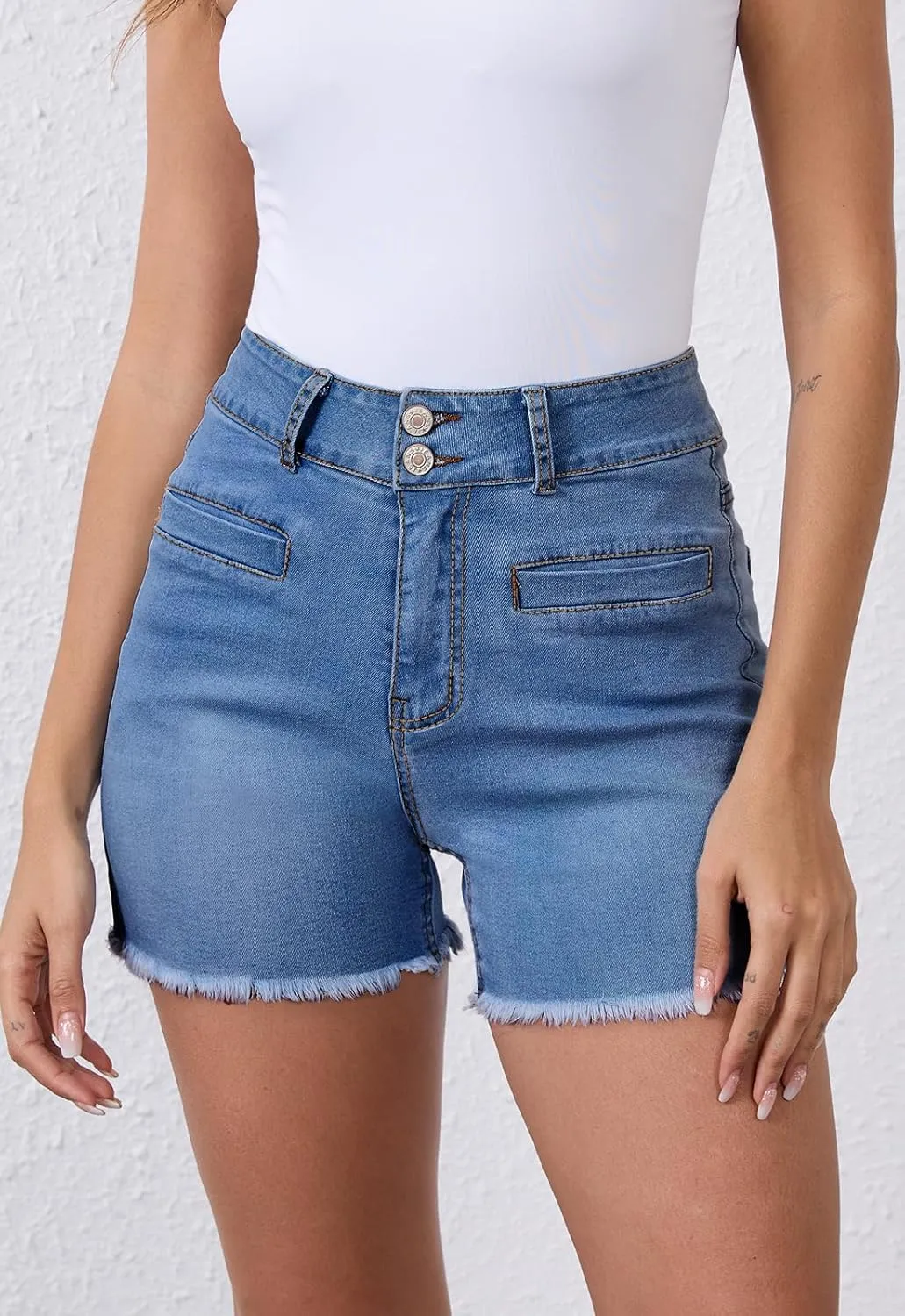 Women's High Waist Brushed Hem Denim Shorts Stretch Jean Shorts with Pockets for Women