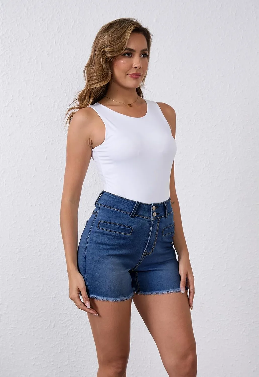 Women's High Waist Brushed Hem Denim Shorts Stretch Jean Shorts with Pockets for Women