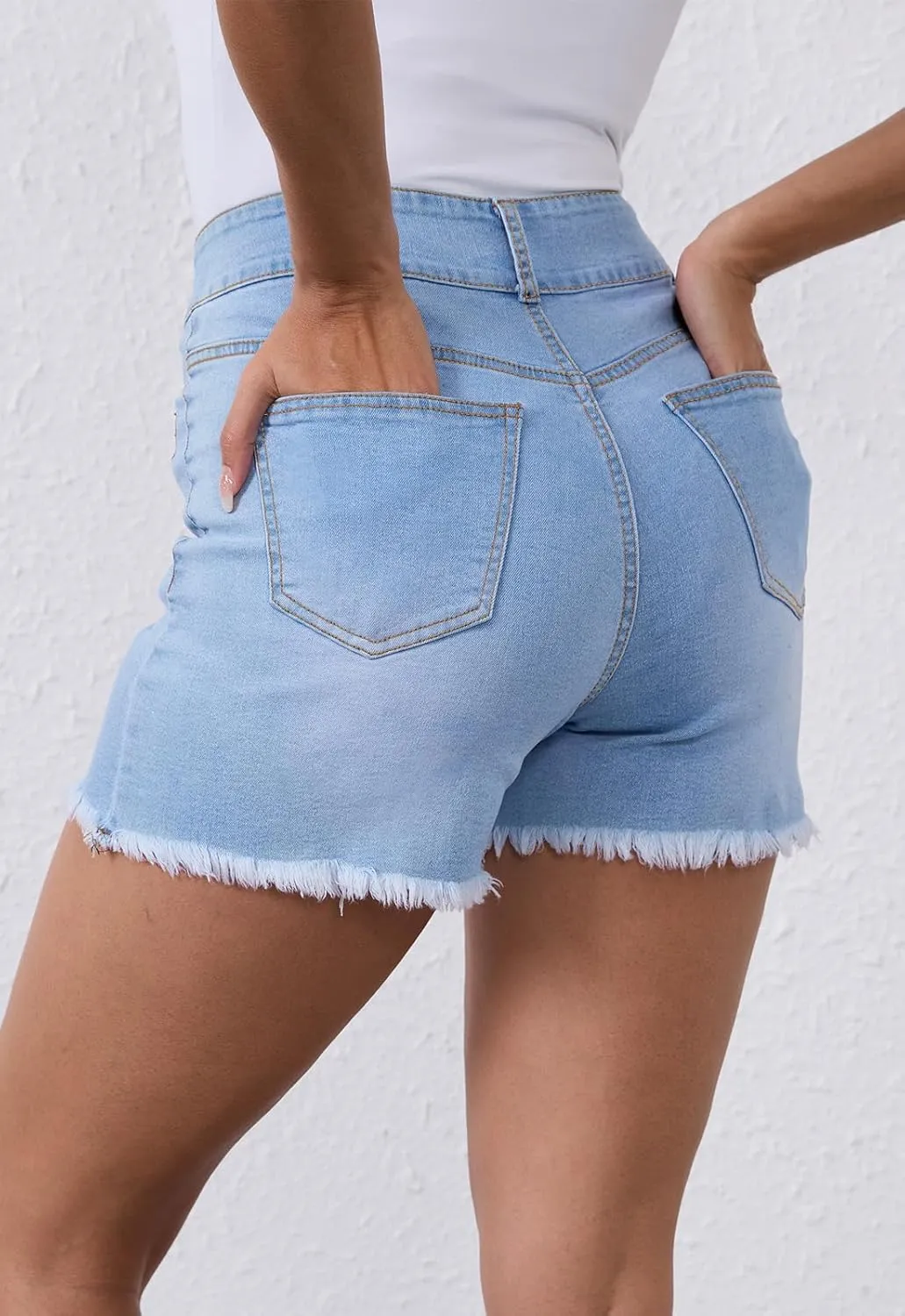 Women's High Waist Brushed Hem Denim Shorts Stretch Jean Shorts with Pockets for Women