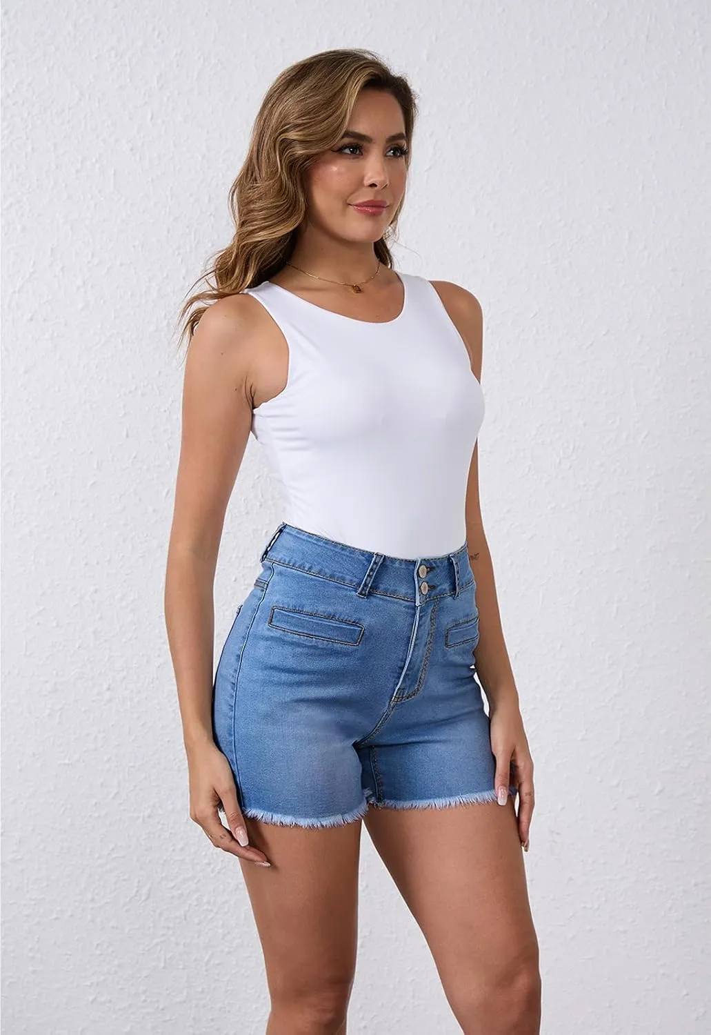 Women's High Waist Brushed Hem Denim Shorts Stretch Jean Shorts with Pockets for Women