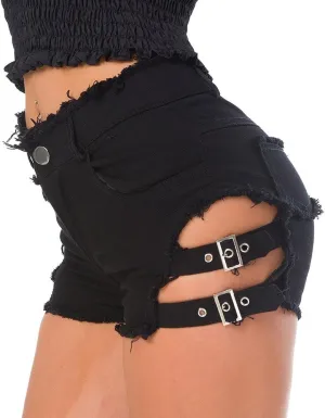 Women's High Waist Denim Shorts Sexy Gothic Punk Dance Shorts Metal Buckle Short Pants