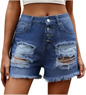 Women's High Waisted Frayed Raw Hem Distressed Jeans Ripped Denim Shorts Stretchy Denim Jeans Shorts Hot Short Jeans