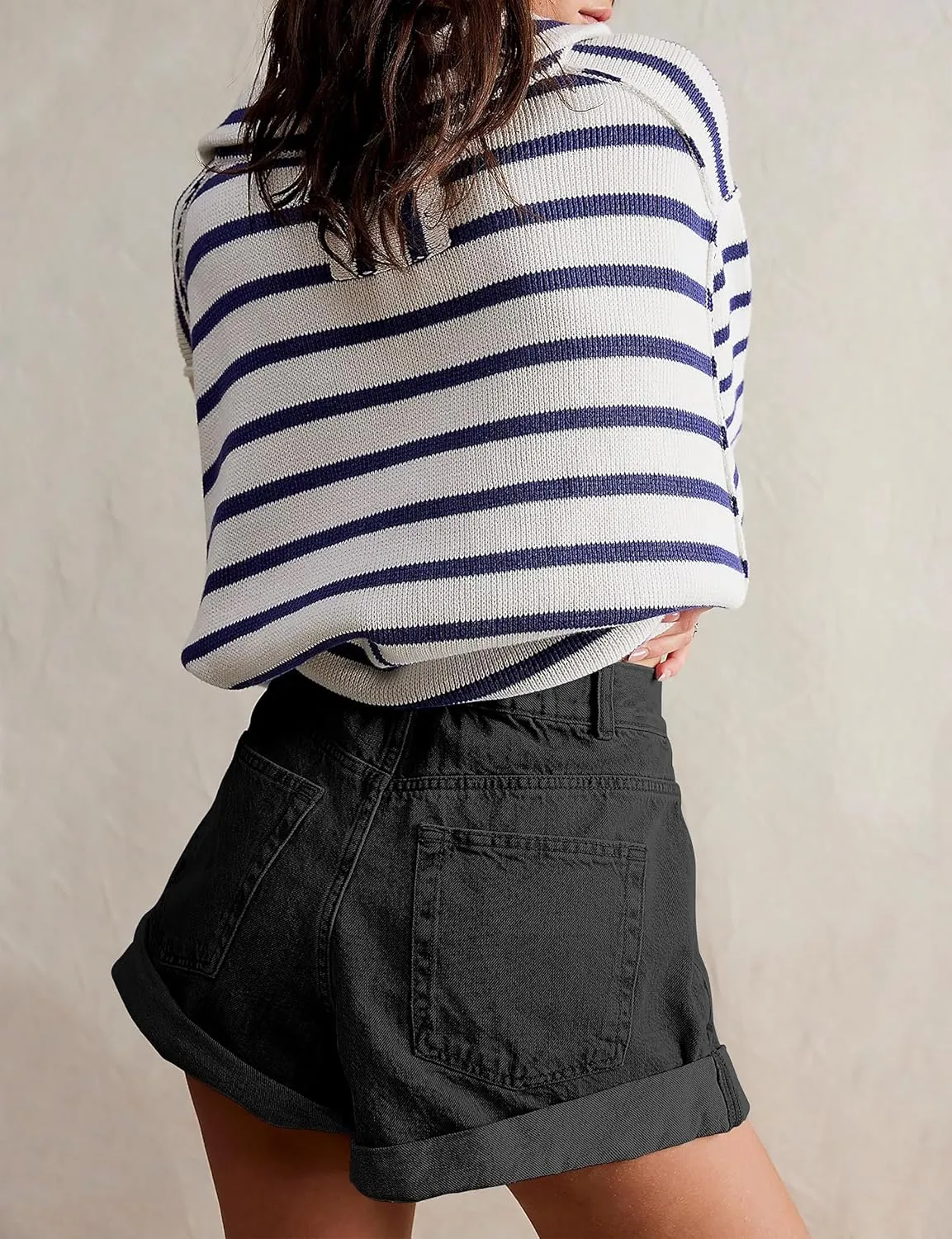 Womens Jean Shorts, Stretchy Denim Shorts with Pockets Elastic Waisted Relaxed Fit