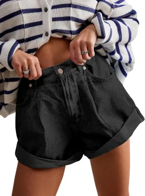 Womens Jean Shorts, Stretchy Denim Shorts with Pockets Elastic Waisted Relaxed Fit