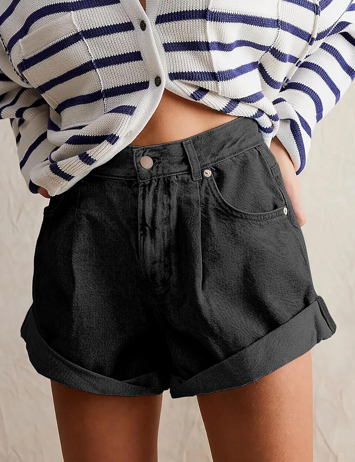 Womens Jean Shorts, Stretchy Denim Shorts with Pockets Elastic Waisted Relaxed Fit