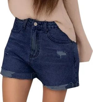Womens Jean Shorts Stretchy High Waisted Ripped Denim Shorts with Pockets Trendy Distressed Cut Off Pants