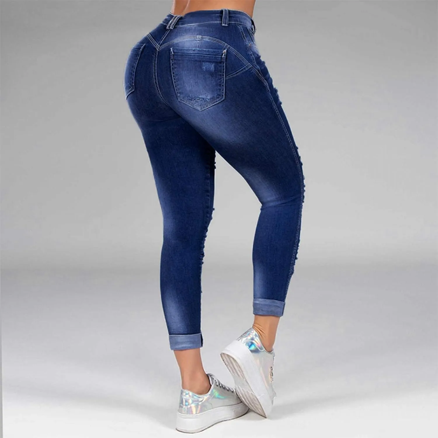 Womens Jeans Casual Skinny Ripped Jeans Classic High Waist Distressed Stretchy Straight Leg Jeans Pants