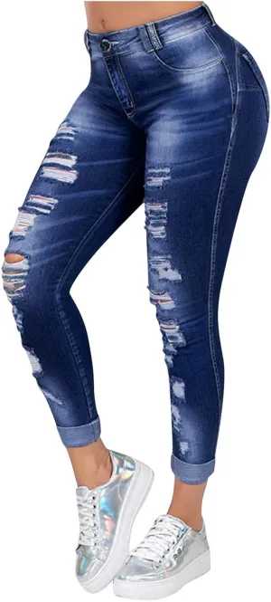Womens Jeans Casual Skinny Ripped Jeans Classic High Waist Distressed Stretchy Straight Leg Jeans Pants