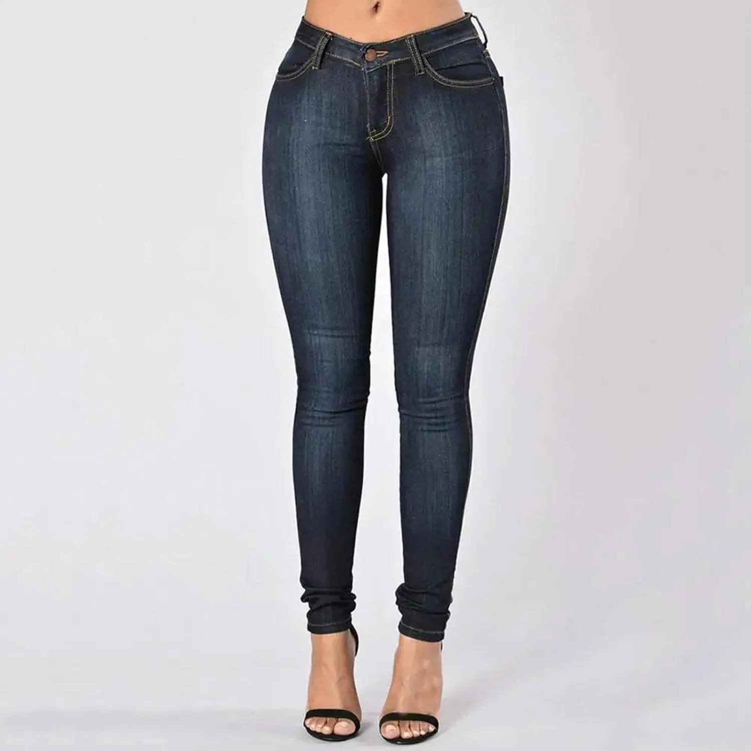 Women's Jeans Women's Mid-Rise Super Stretch Skinny Jeans Dark Blue Women's Skinny Straight Hip Lift Jeans