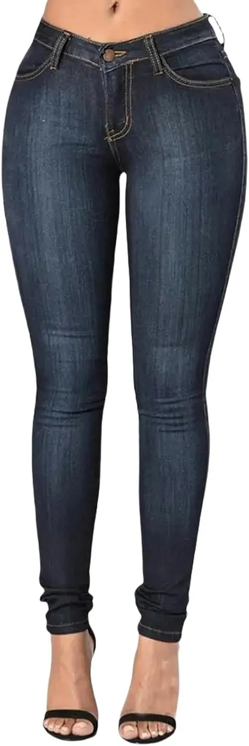 Women's Jeans Women's Mid-Rise Super Stretch Skinny Jeans Dark Blue Women's Skinny Straight Hip Lift Jeans