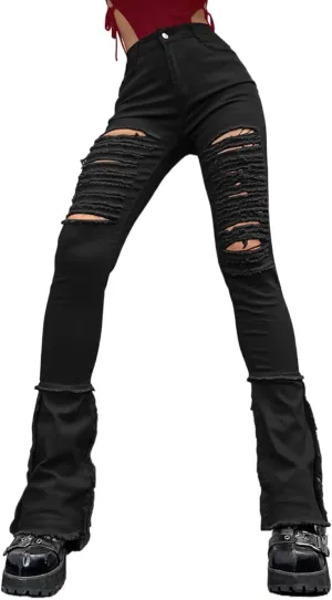 Womens Jeans Women's Waist Buttoned Ripped Tassel Jeans Solid Color Trousers Plus Size Womens Pants
