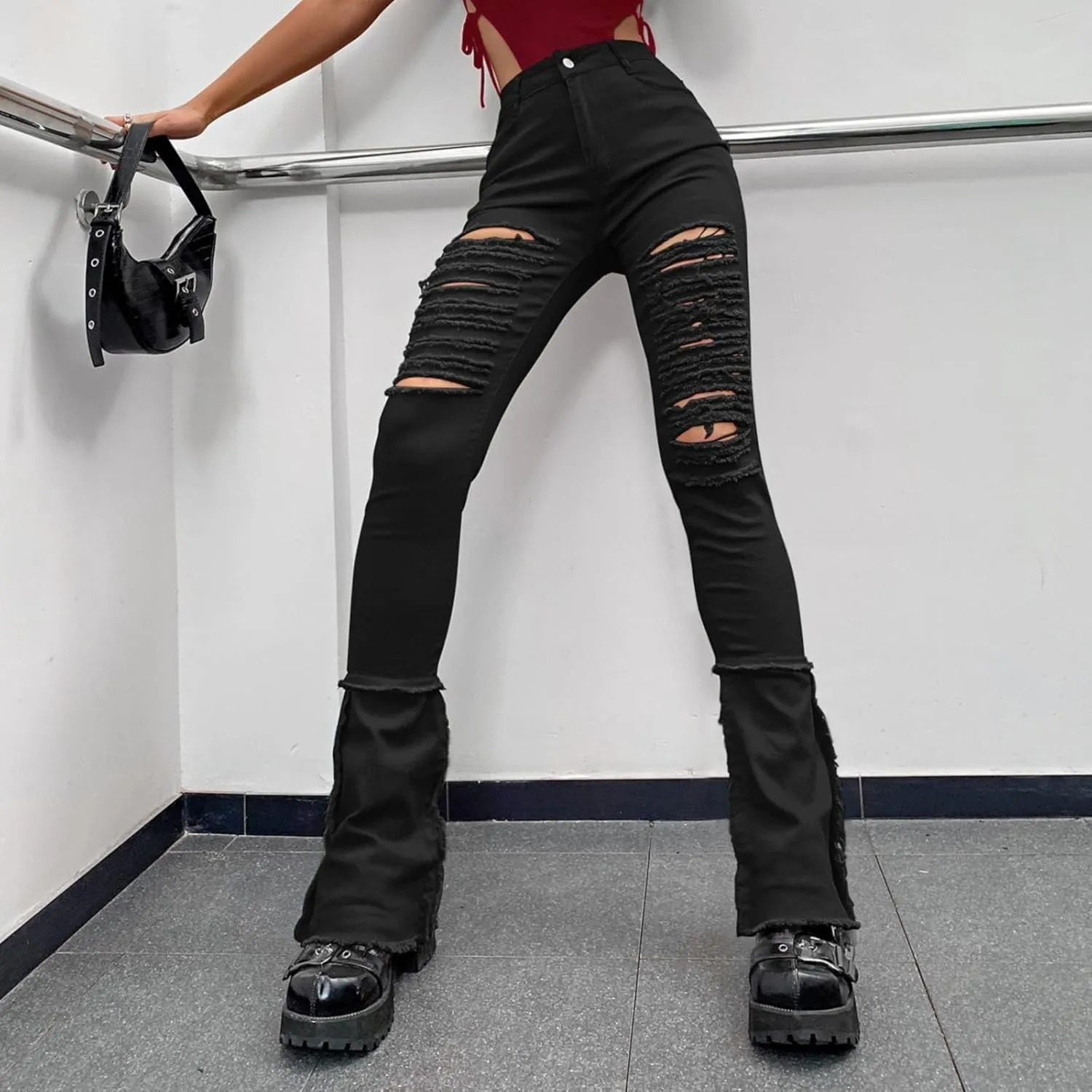 Womens Jeans Women's Waist Buttoned Ripped Tassel Jeans Solid Color Trousers Plus Size Womens Pants