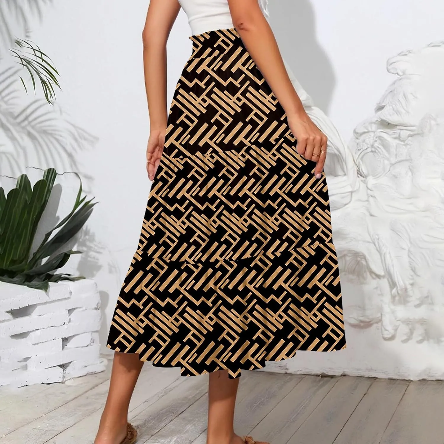 Women's Long Elastic High Waist Retro Pleated A-Line Flared Maxi Skirts