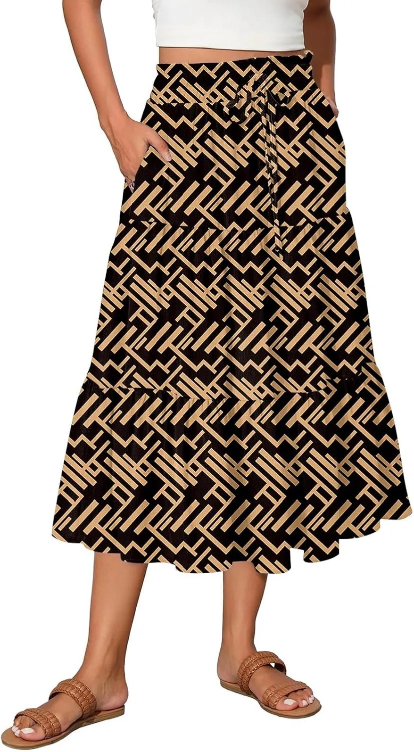 Women's Long Elastic High Waist Retro Pleated A-Line Flared Maxi Skirts