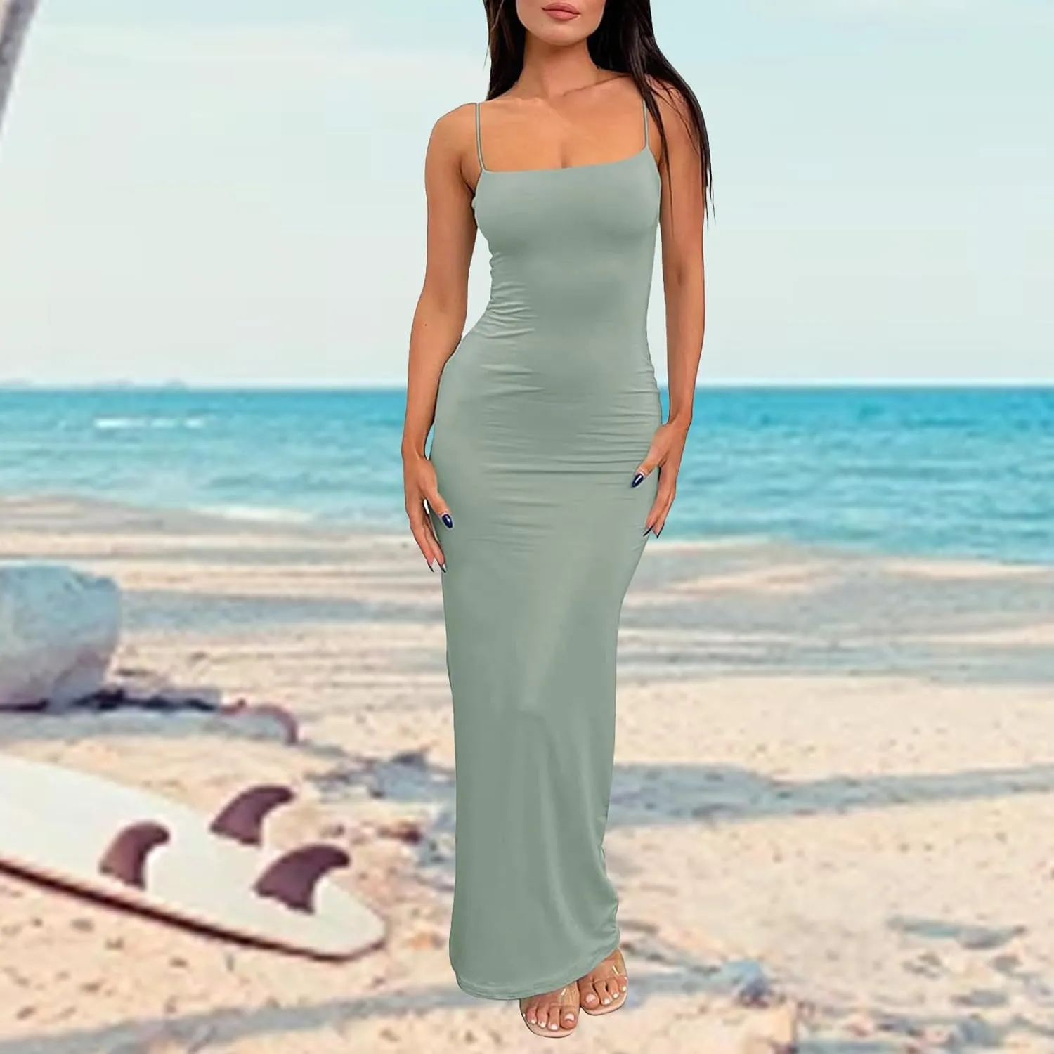 Women's Maxi Bodycon Dress Summer Casual Slip Dresses Spaghetti Strap Maxi Dress Sexy Club Party Dresses