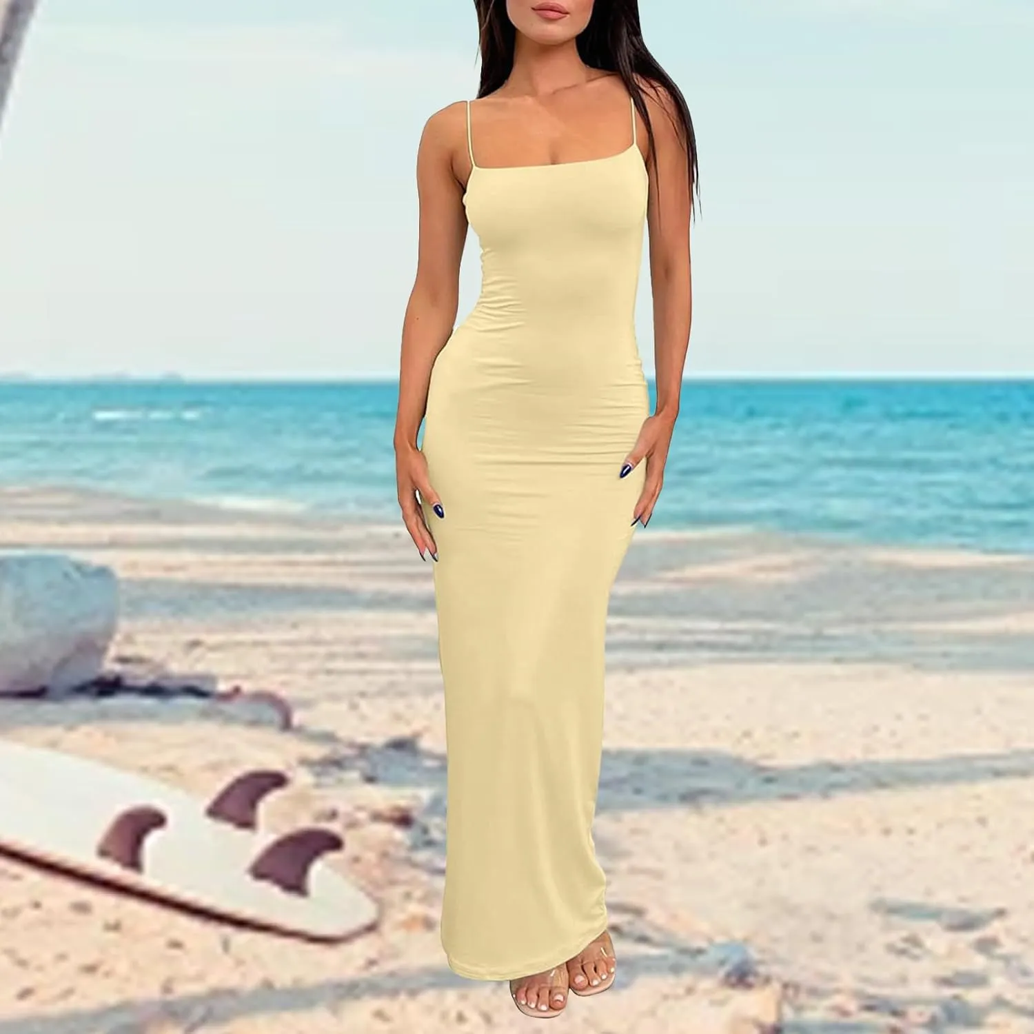 Women's Maxi Bodycon Dress Summer Casual Slip Dresses Spaghetti Strap Maxi Dress Sexy Club Party Dresses