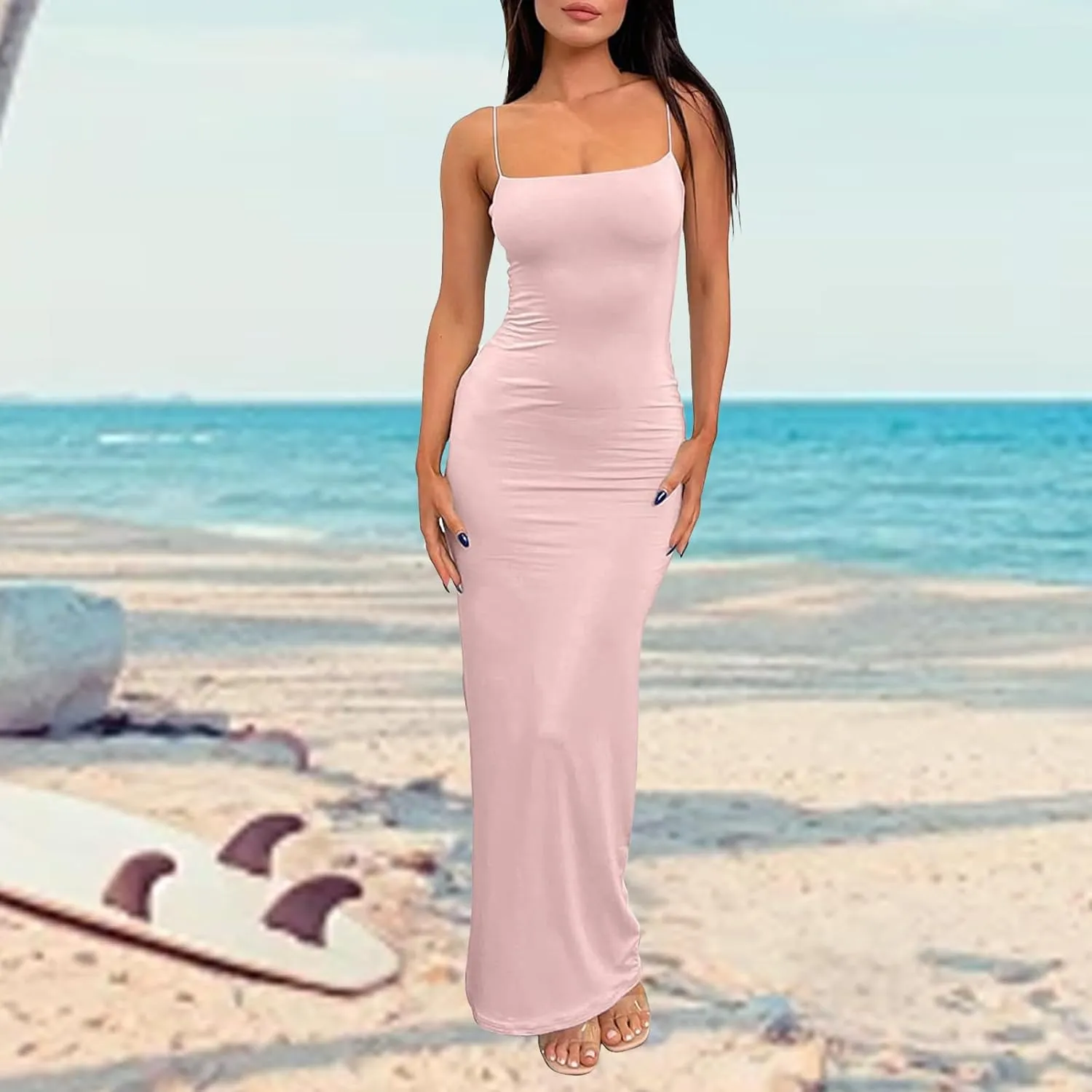 Women's Maxi Bodycon Dress Summer Casual Slip Dresses Spaghetti Strap Maxi Dress Sexy Club Party Dresses