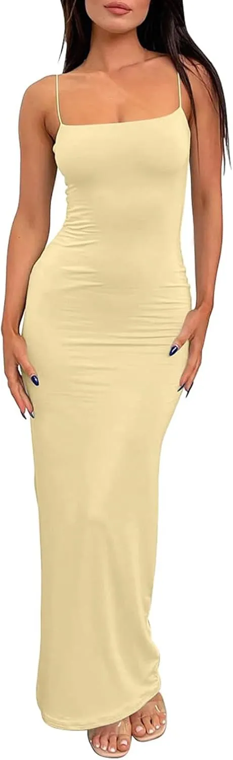 Women's Maxi Bodycon Dress Summer Casual Slip Dresses Spaghetti Strap Maxi Dress Sexy Club Party Dresses
