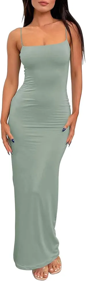 Women's Maxi Bodycon Dress Summer Casual Slip Dresses Spaghetti Strap Maxi Dress Sexy Club Party Dresses