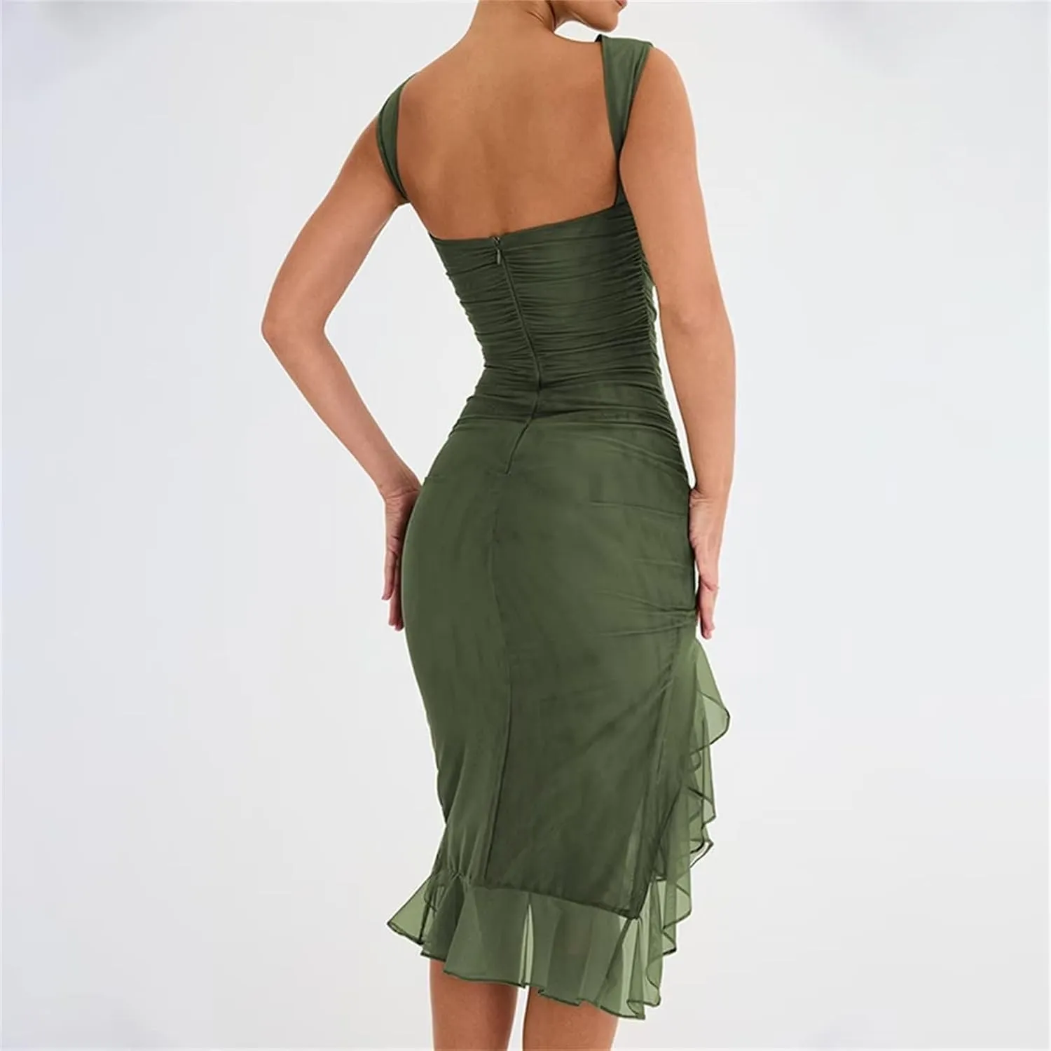 Women's Midi Bodycon Dress Ruffle Mermaid Cocktail Party Tank Dresses Y2K Open Back Dresses for Wedding Guest