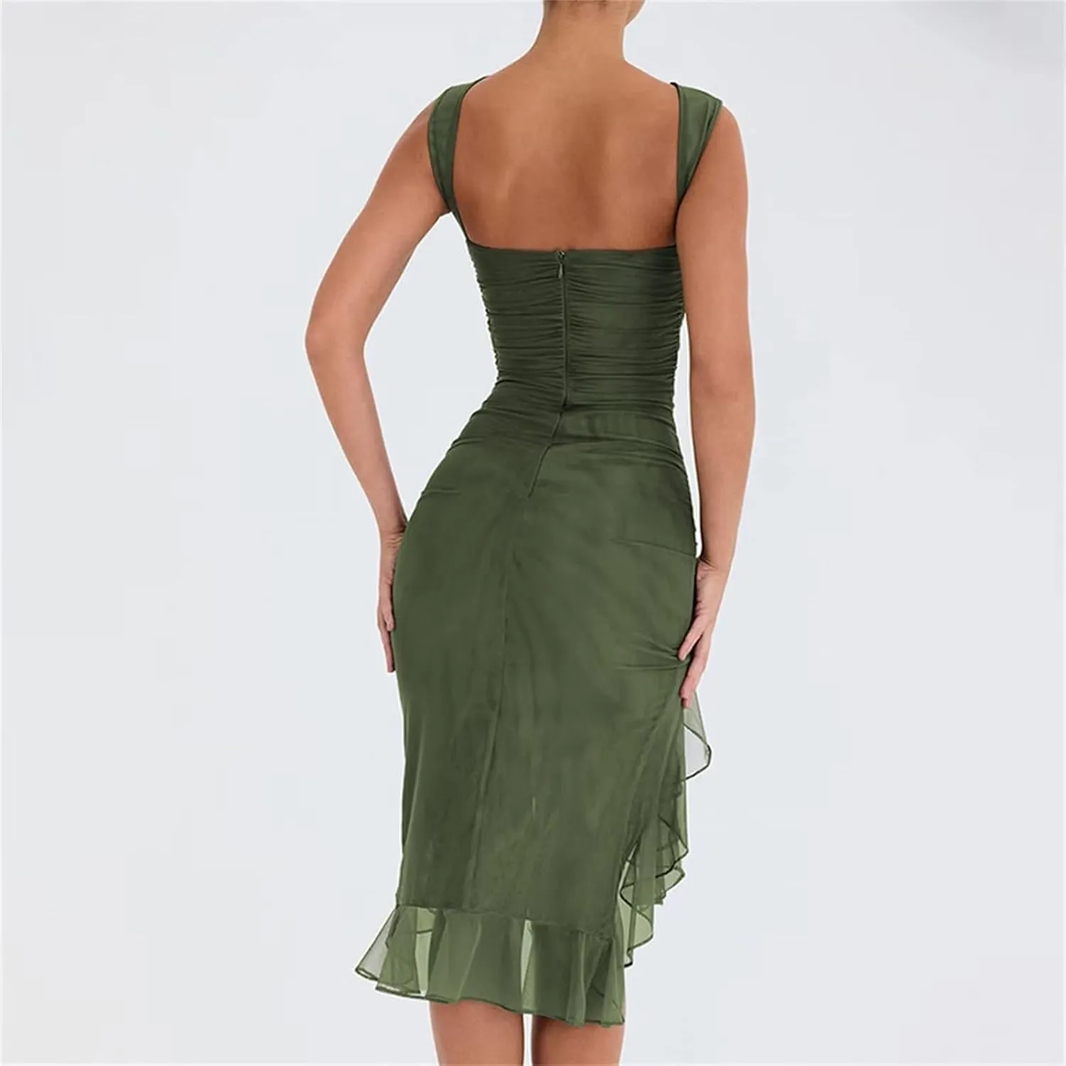 Women's Midi Bodycon Dress Ruffle Mermaid Cocktail Party Tank Dresses Y2K Open Back Dresses for Wedding Guest
