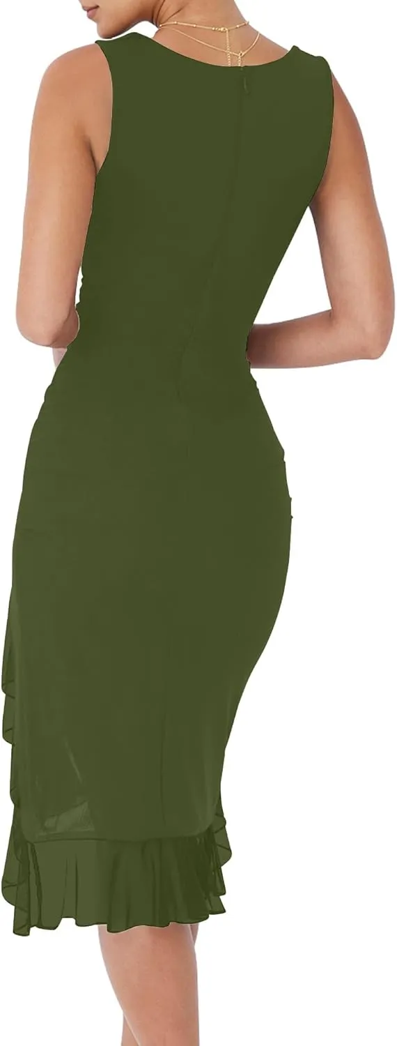Women's Midi Bodycon Dress Ruffle Mermaid Cocktail Party Tank Dresses Y2K Open Back Dresses for Wedding Guest