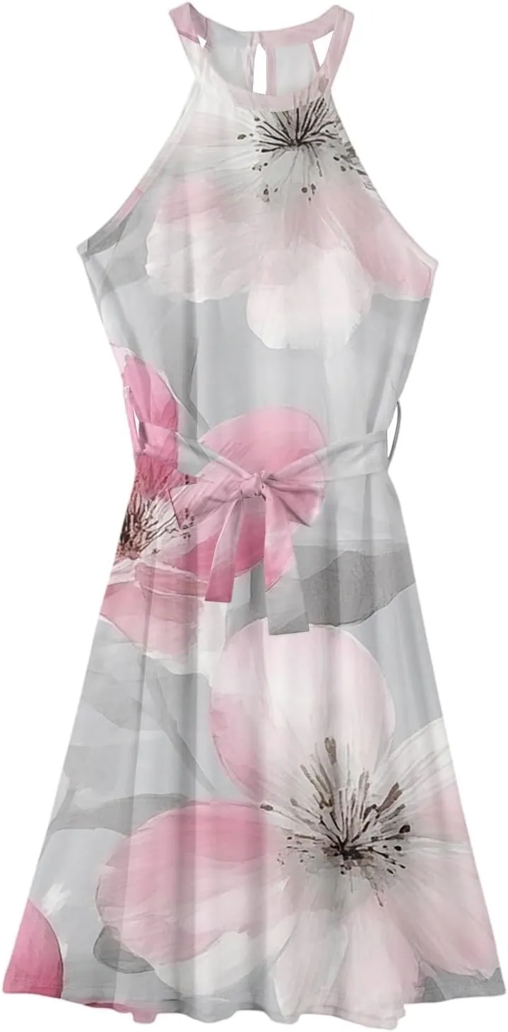 Womens Midi Halter Floral Dresses Casual Summer Tie Empire Waist Sleeveless Flowy A Line Sundress Frocks