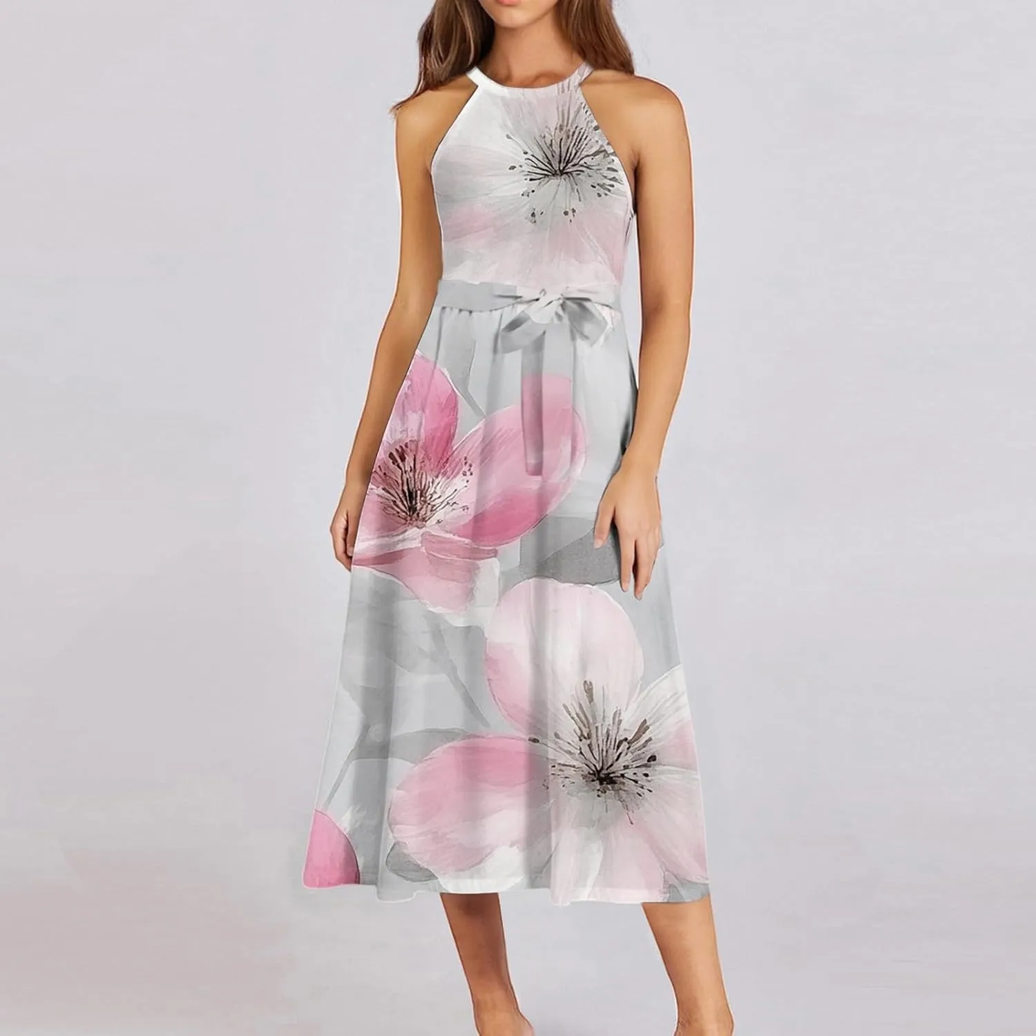 Womens Midi Halter Floral Dresses Casual Summer Tie Empire Waist Sleeveless Flowy A Line Sundress Frocks