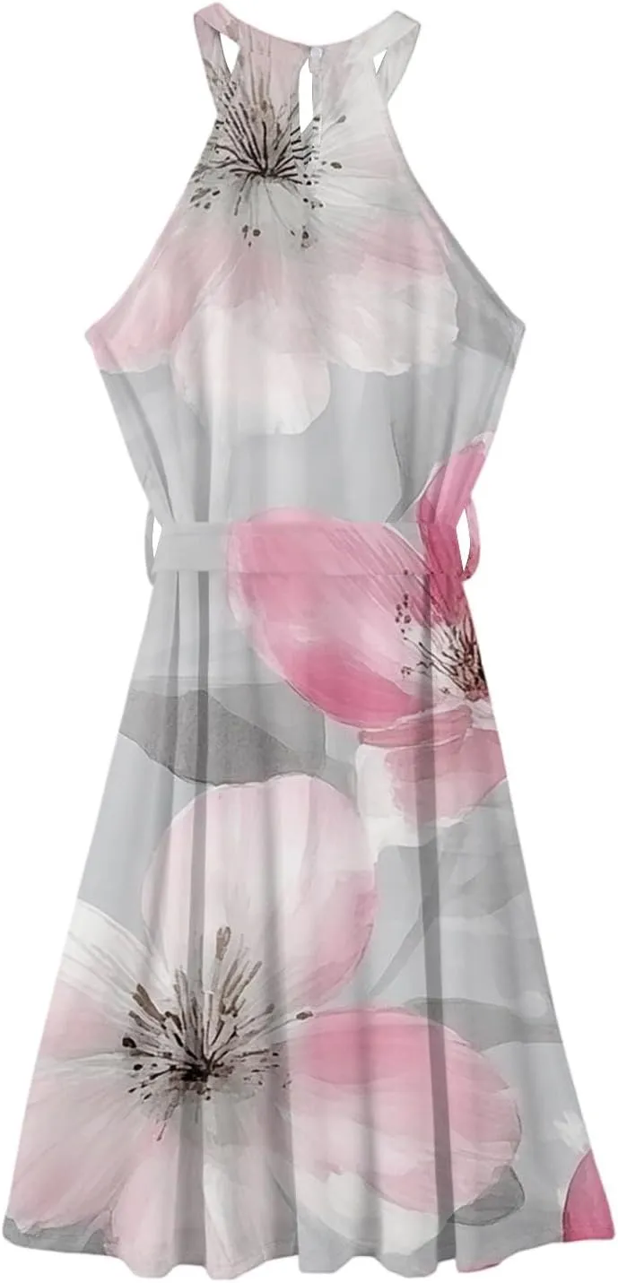 Womens Midi Halter Floral Dresses Casual Summer Tie Empire Waist Sleeveless Flowy A Line Sundress Frocks