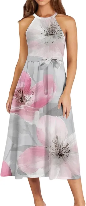 Womens Midi Halter Floral Dresses Casual Summer Tie Empire Waist Sleeveless Flowy A Line Sundress Frocks