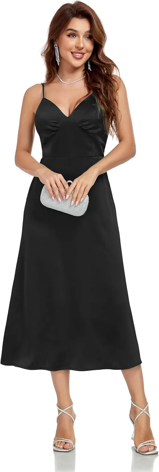 Womens Midi Satin Silk Spaghetti Strap Dresses Slip V Neck Cocktail Casual Party Sexy Dress