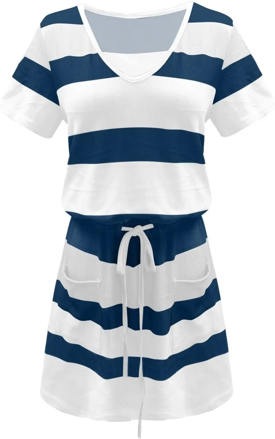 Women's Mini Dresses Summer Short Sleeve V Neck Tops Dress Elastic Waist Drawstring Dress Casual Striped Dresses