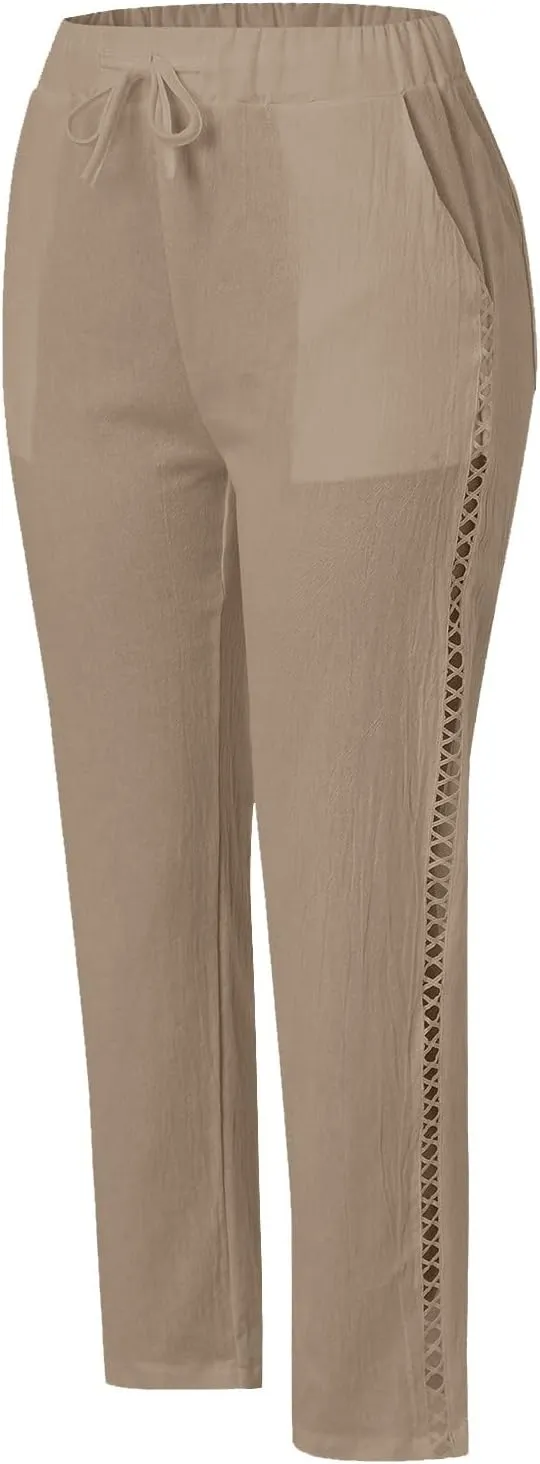 Women's Pants, Linen Straight Leg Peasant Pants Casual Relaxed Side Button Trendy