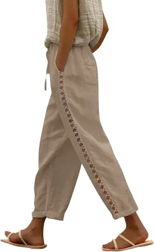 Women's Pants, Linen Straight Leg Peasant Pants Casual Relaxed Side Button Trendy