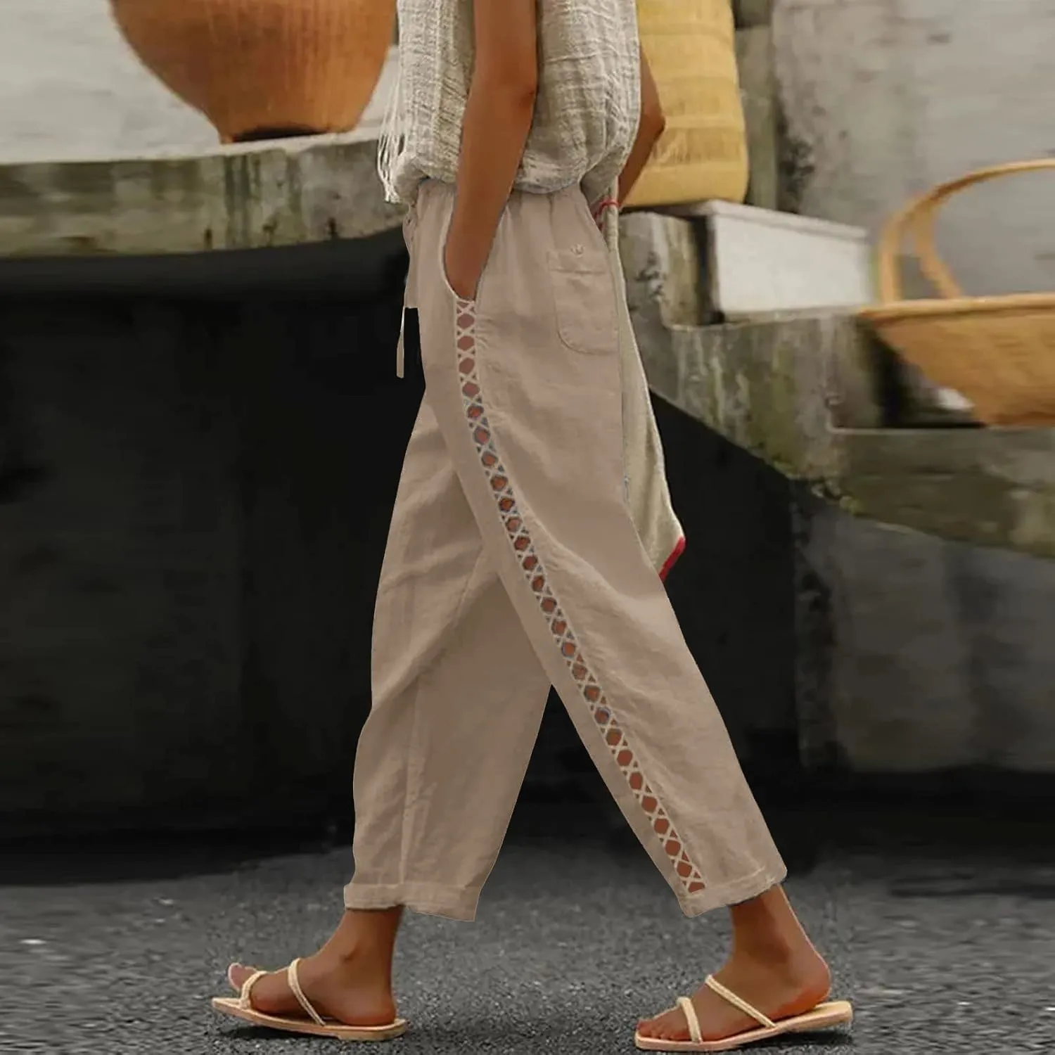 Women's Pants, Linen Straight Leg Peasant Pants Casual Relaxed Side Button Trendy