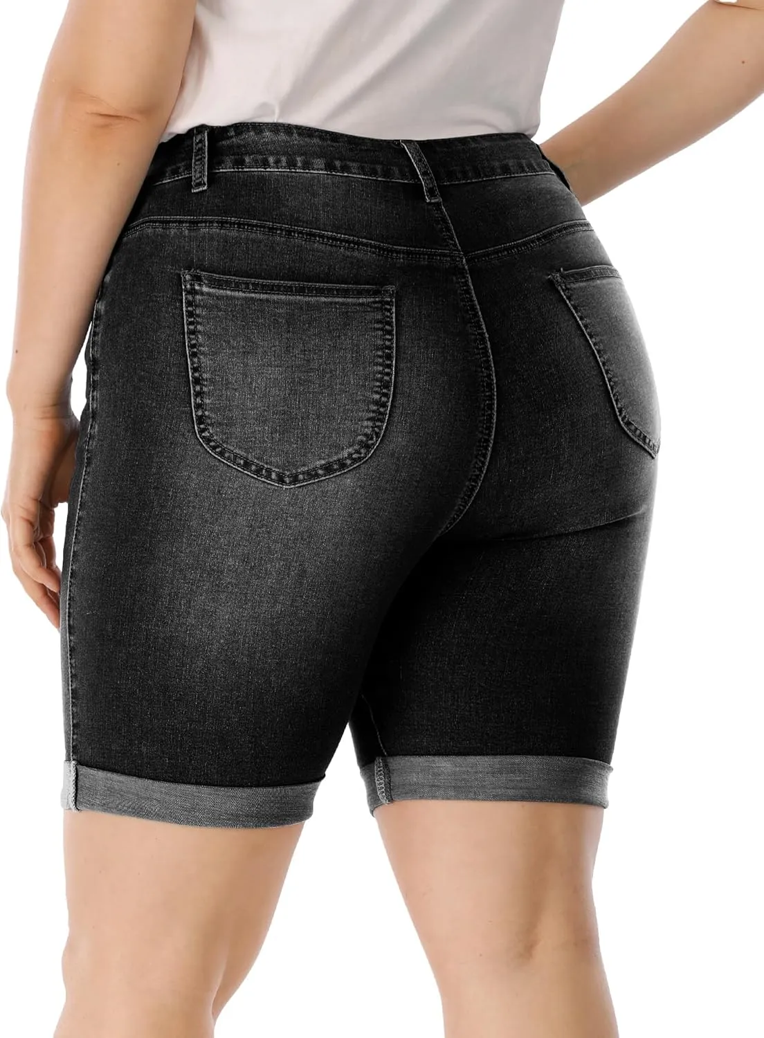 Womens Plus Size Jean Shorts High Waisted Stretchy Midi Bermuda Denim Shorts