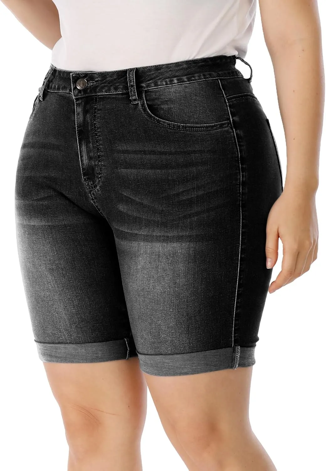 Womens Plus Size Jean Shorts High Waisted Stretchy Midi Bermuda Denim Shorts