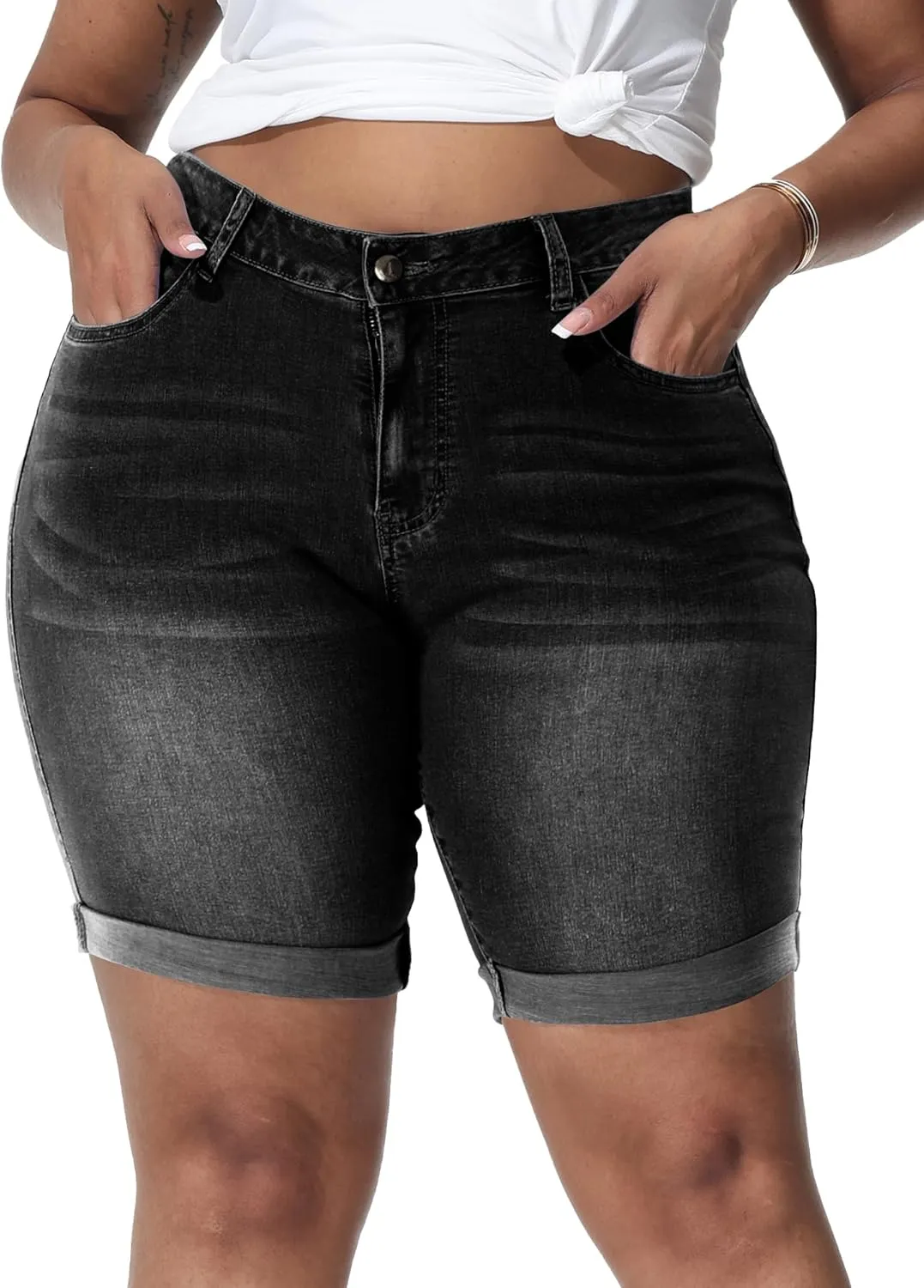 Womens Plus Size Jean Shorts High Waisted Stretchy Midi Bermuda Denim Shorts