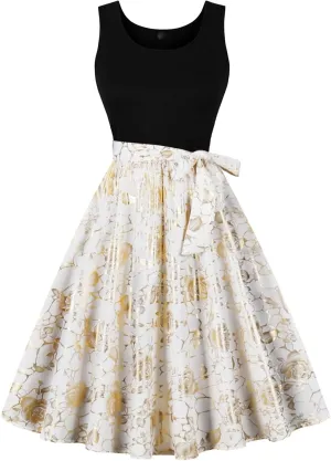 Women's Retro Sleeveless Crewneck Sundress Audrey Hepburn Style Cocktail Dress Patchwork Print A-Line Swing Dress