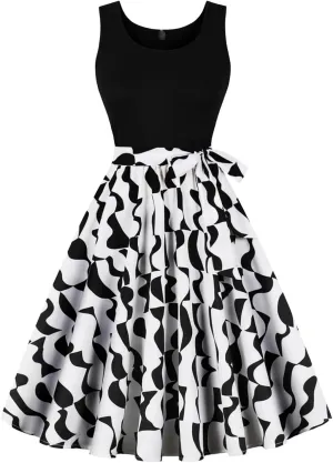 Women's Retro Sleeveless Crewneck Sundress Audrey Hepburn Style Cocktail Dress Patchwork Print A-Line Swing Dress